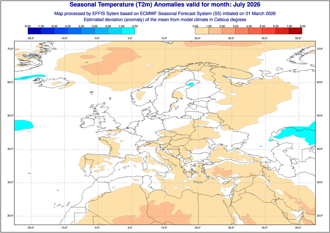 mapa Europy ukazująca przewidywane anomalie sezonowych temperatur dla lipca 2026 roku z zaznaczeniem obszarów o podwyższonej (odcienie pomarańczowego) oraz obniżonej (odcienie niebieskiego) temperaturze względem średniej klimatycznej, szczególnie widoc...