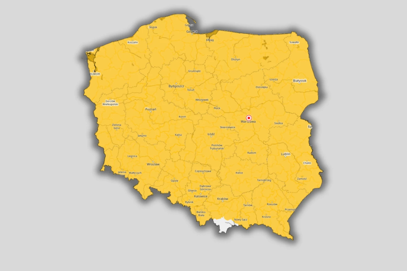 mapa Polski z podziałem na województwa, większość województw zaznaczona na żółto, natomiast jedno województwo na południu wyróżnione kolorem białym