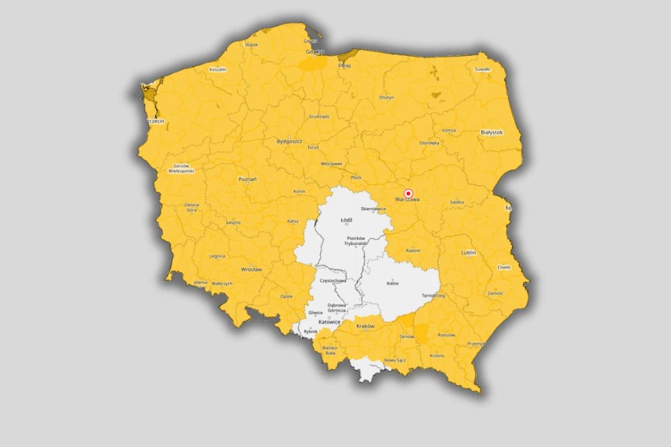 Noc z niedzieli na poniedziałek może być mroźna niemal wszędzie, z wyjątkiem części centrum i południa kraju Mapa Polski z zaznaczonymi na żółto większością województw, podczas gdy województwa w centralnej części kraju oznaczone są na biało.
