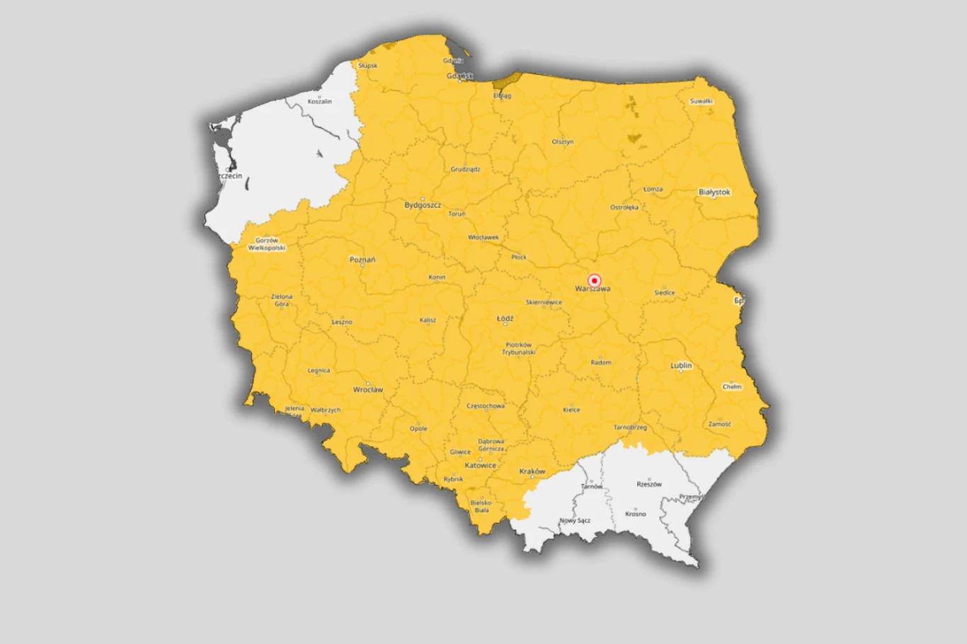 Na początku przyszłego tygodnia wolne od ostrzeżeń przed przymrozkami mogą być północno-zachodnie oraz południowo-wschodnie rejony Polski mapa Polski z wyraźnie zaznaczonymi województwami; większość kraju oznaczona kolorem żółtym, a województwa na zachodzie i południu są wyróżnione na biało; centralny punkt mapy zaznaczony czerwoną kropką w okolicy Warszawy