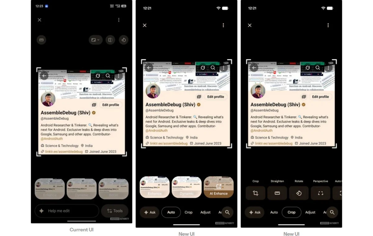 Porównanie trzech widoków aplikacji mobilnej prezentujących interfejs edycji zrzutu ekranu; w centrum uwagi znajduje się profil użytkownika z informacjami na tle różnych ustawień przycisków i narzędzi edycji w dolnej części ekranu.