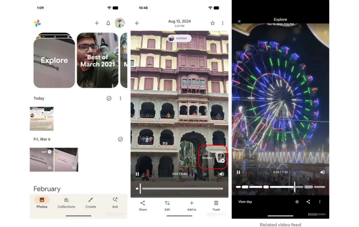 Interfejs aplikacji mobilnej do zarządzania zdjęciami, z trzema zrzutami ekranu: pierwszy pokazuje galerię z miniaturami albumów i zdjęć, drugi widok szczegółowy wybranego zdjęcia z wielopiętrowym budynkiem w tle i ikonami edycji, trzeci ekran w trybie...