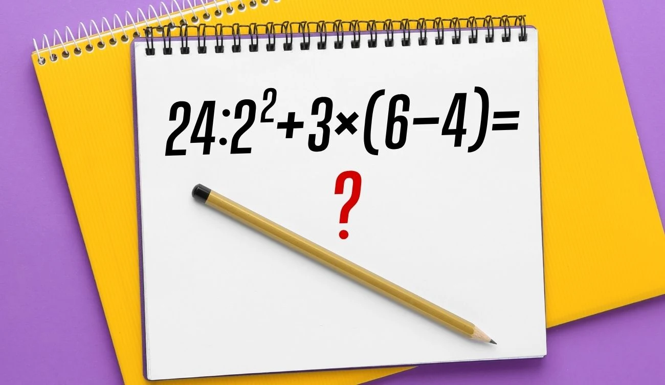 Zagadka matematyczna dla dociekliwych. Uda ci się ją rozwiązać? Biała kartka z notatnikiem, wzór 24:2²+3×(6-4)= oraz czerwony znak zapytania, żółty ołówek, żółta teczka, fioletowe tło