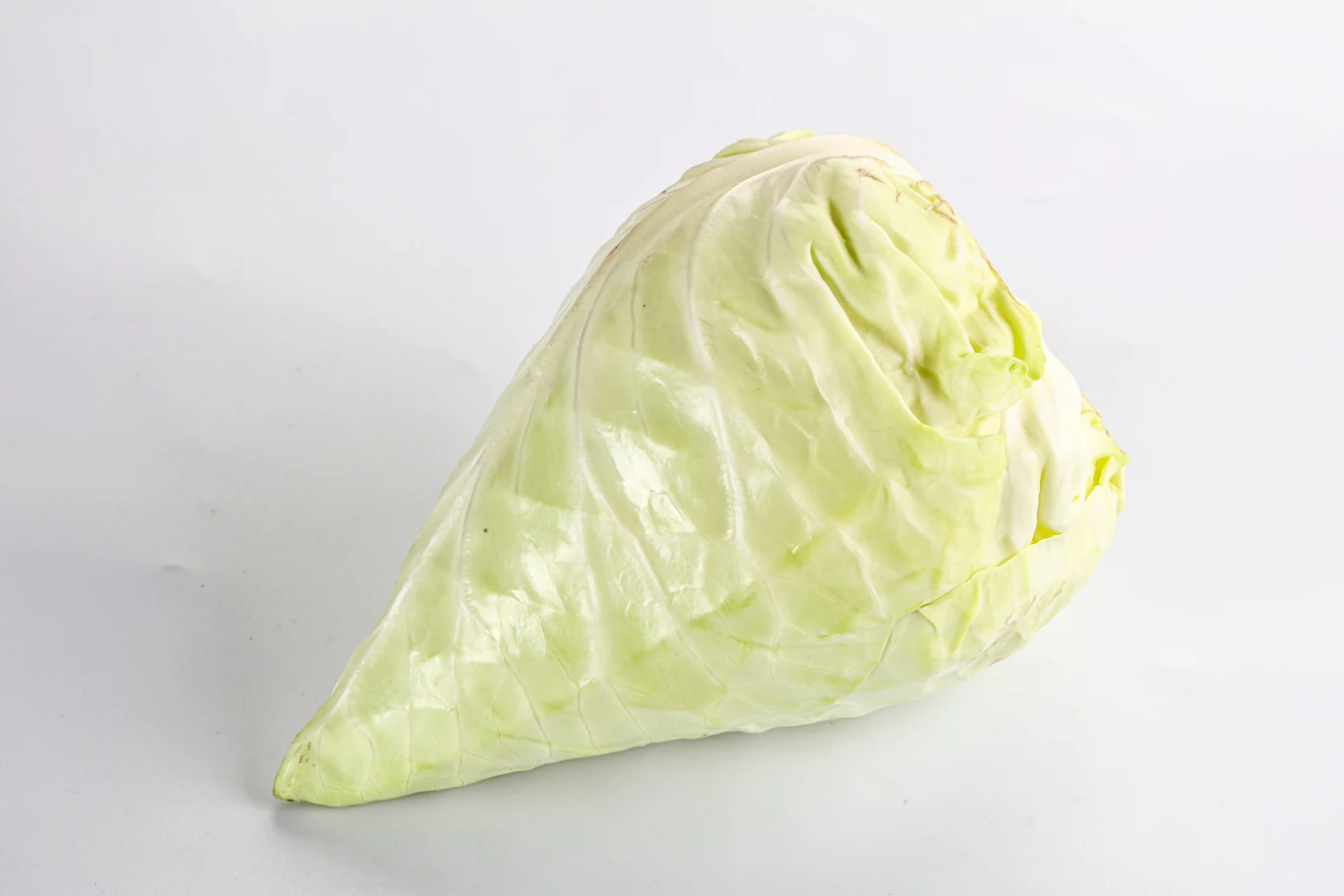 stożkowa główka jasnozielonej kapusty o błyszczących, zwartej strukturze liściach na białym tle