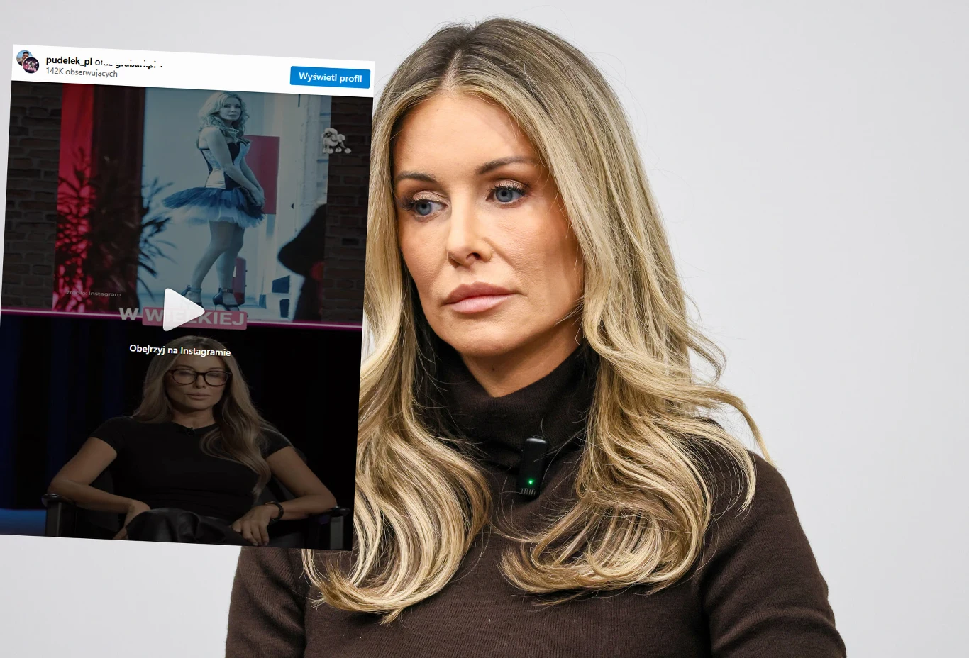 Kobieta o długich blond włosach w brązowym swetrze patrzy poważnie w bok, na pierwszym planie. W lewym górnym rogu widoczna jest nakładka z mediów społecznościowych, przedstawiająca post z wideo i dwoma innymi zdjęciami kobiety w różnych sytuacjach.
