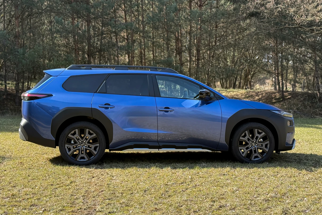 niebieski SUV o nowoczesnych liniach nadwozia, duże czarne felgi, wyraziste przetłoczenia boczne, dach wyposażony w relingi, auto ustawione na trawie w otoczeniu lasu iglastego