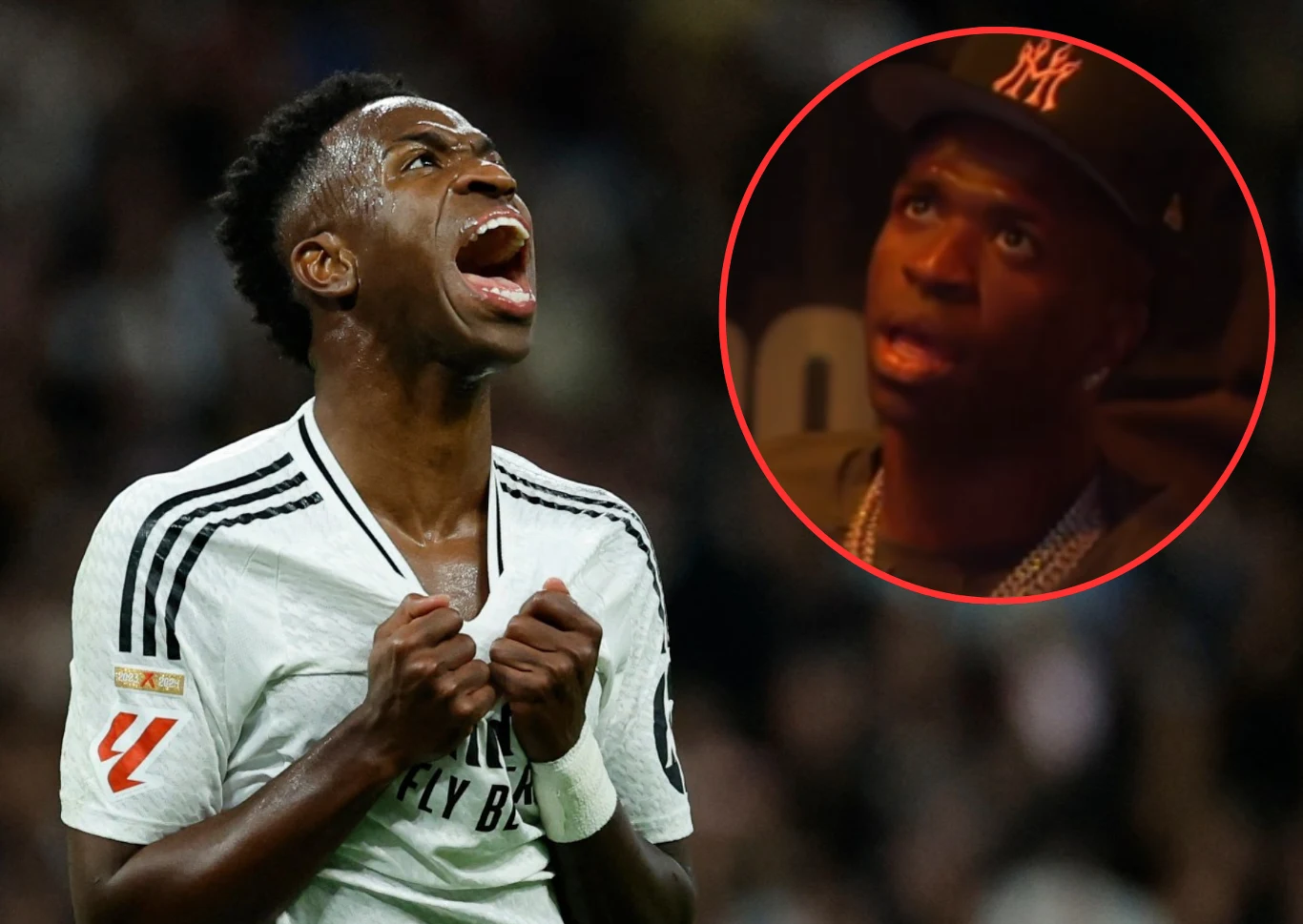 Vinicius i inne gwiazdy Realu wygwizdane na gali MMA Vinicius i piłkarze Realu Madryt wygwizdani na gali MMA; piłkarz w białej koszulce oraz twarz z czapką na powiększeniu