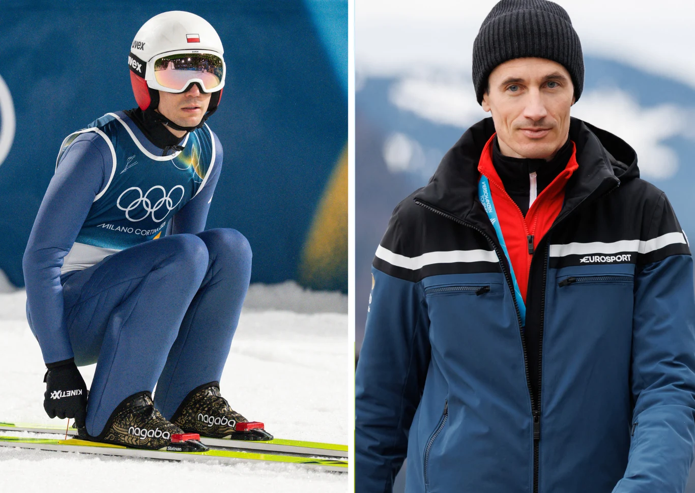Kamil Stoch i Martin Schmitt Kamil Stoch ląduje na skoczni w niebieskim kombinezonie; Martin Schmitt przy górach w kurtce.