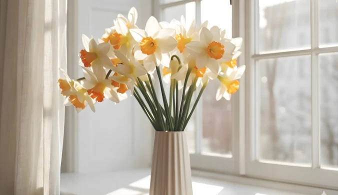 Bukiet białych narcyzów na okiennym parapecie