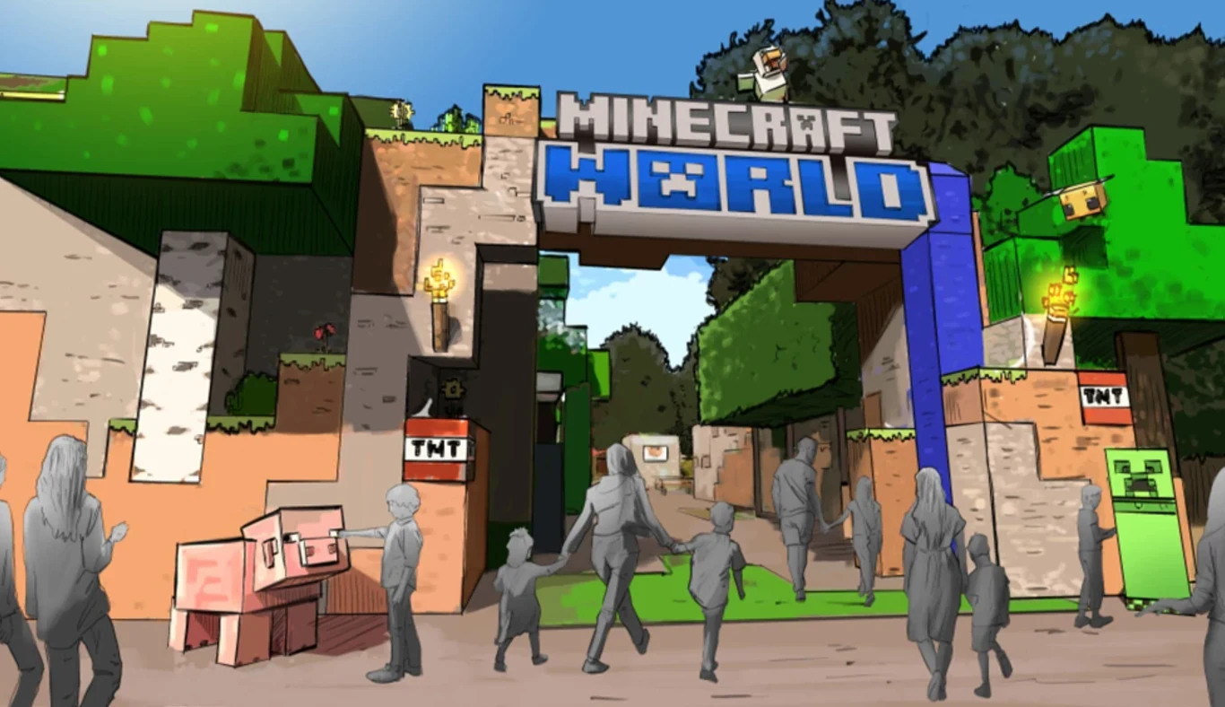 wejście do tematycznego parku rozrywki Minecraft World z charakterystycznymi blokami, postaciami z gry, napisem nad bramą oraz licznymi odwiedzającymi wchodzącymi do środka