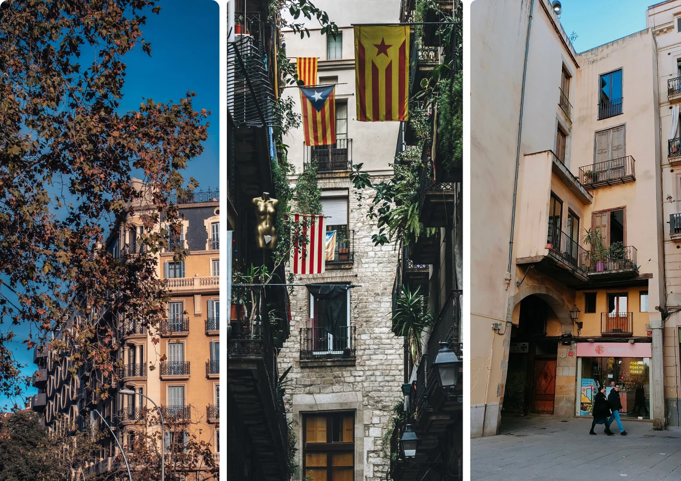 Trzy kadry miejskich kamienic, w tym centralny z balkonami ozdobionymi flagami Katalonii i Hiszpanii, budynki otoczone roślinnością i elementami architektonicznymi charakterystycznymi dla południowej Europy.