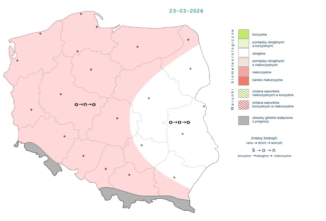 W większości kraju w ciągu dnia pogoda będzie niekorzystnie wpływać na nasz organizm Mapa Polski podzielona na strefy oznaczone różnymi kolorami i wzorami, z których różowy obszar po lewej stronie oznacza regiony korzystne i obojętne biologicznie, podczas gdy biała część po prawej stronie wskazuje na warunki niekorzystne; legendę uzupe...