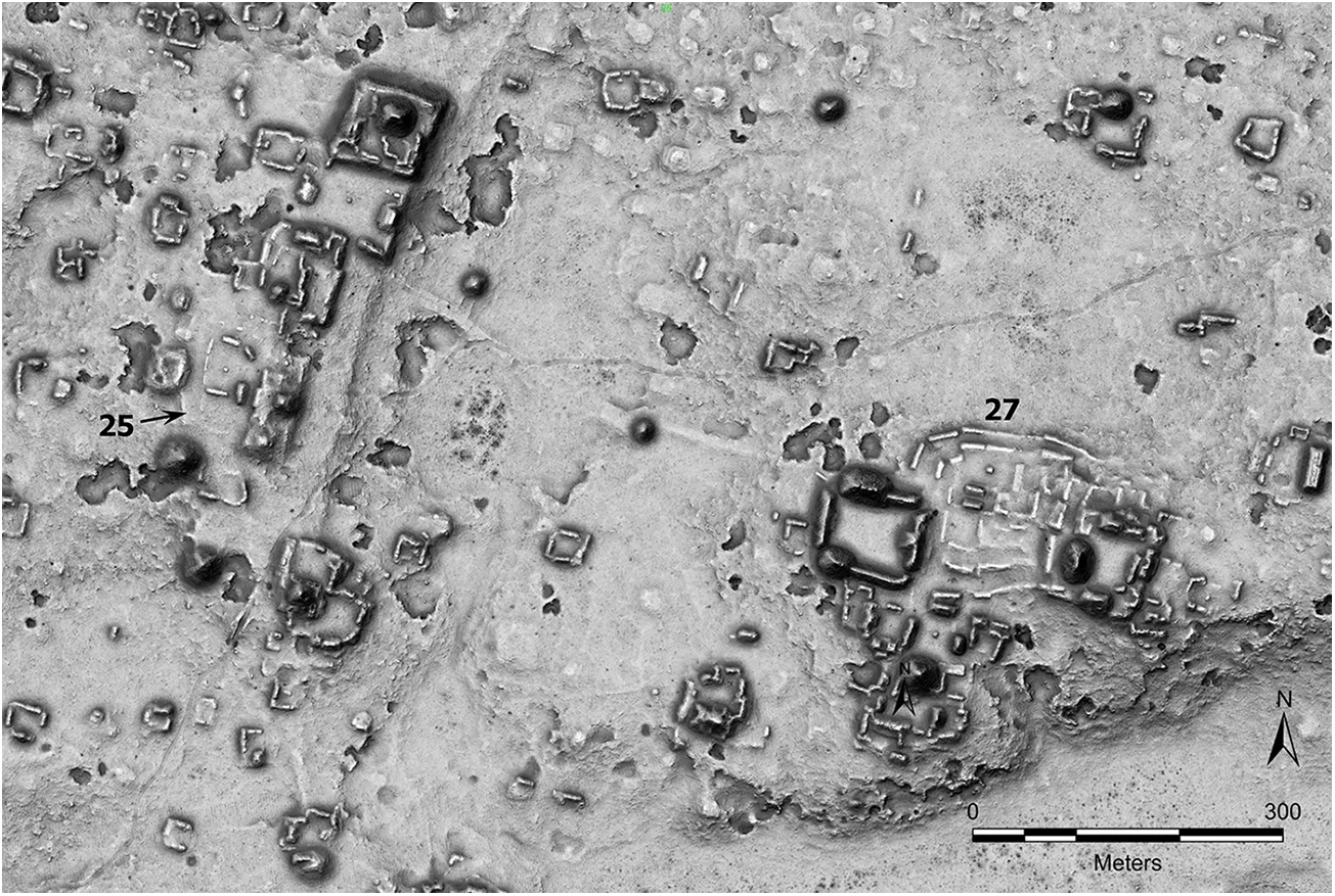 Obraz lidarowy terenu z wyraźnie zaznaczonymi strukturami archeologicznymi o geometrycznych kształtach, oznaczonymi numerami 25 i 27, z widoczną skalą w metrach w prawym dolnym rogu oraz orientacją północą wskazaną przez strzałkę.