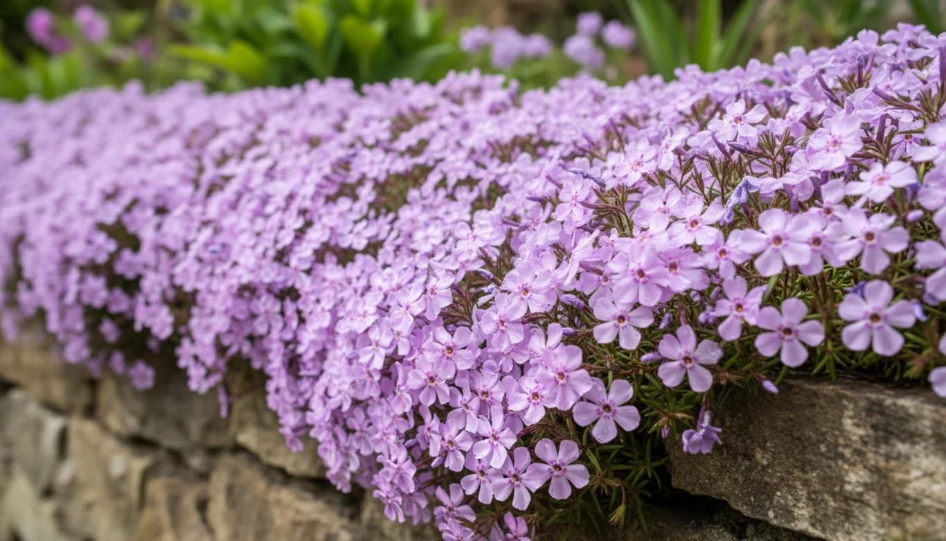 Dywan jasnofioletowych kwiatów floksa rozpościerający się na kamiennym murku, z zielonymi liśćmi i pojedynczymi kwiatkami wystającymi nad krawędzią muru.