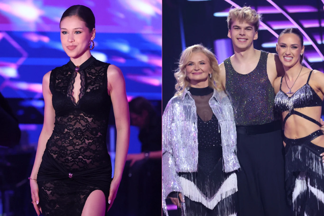 Młoda kobieta w czarnej, koronkowej sukni z rozcięciem po boku po lewej stronie oraz trzy osoby w błyszczących, tanecznych kostiumach na tle kolorowego, scenicznego oświetlenia po prawej stronie.