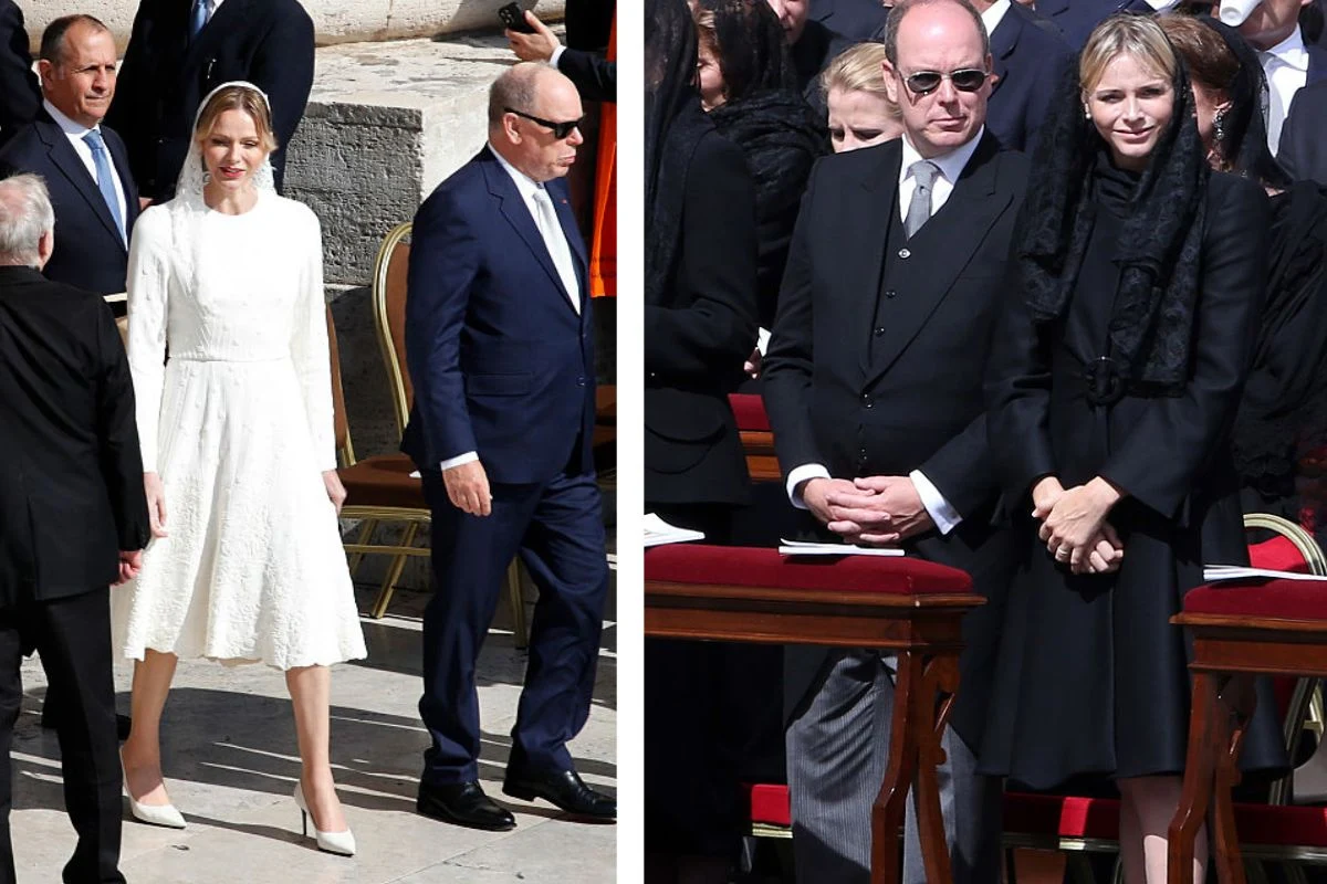 Para elegancko ubranych osób w centrum uwagi; kobieta w białej sukience oraz mężczyzna w ciemnym garniturze po lewej stronie, po prawej stronie ta sama para w czarnych, formalnych strojach, stojąca przy stole w otoczeniu innych ludzi, wyrażając powagę ...