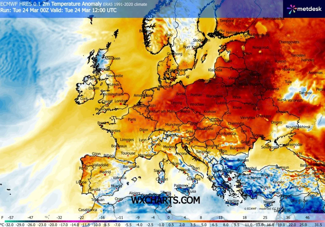 Mapa anomalii temperatury w Europie pokazująca znacznie wyższe niż przeciętne wartości temperatury nad większością Europy Środkowej, Wschodniej i Północnej, z intensywną czerwienią i pomarańczem oznaczającymi największe odchylenia, podczas gdy południo...