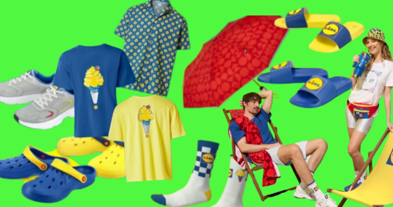 kolekcja kolorowych ubrań i gadżetów letnich, w tym klapki, t-shirty, koszula, buty sportowe, skarpetki, czapka z daszkiem, parasol plażowy oraz model i modelka w wakacyjnym stroju z akcesoriami na tle jednolitego jasnozielonego tła