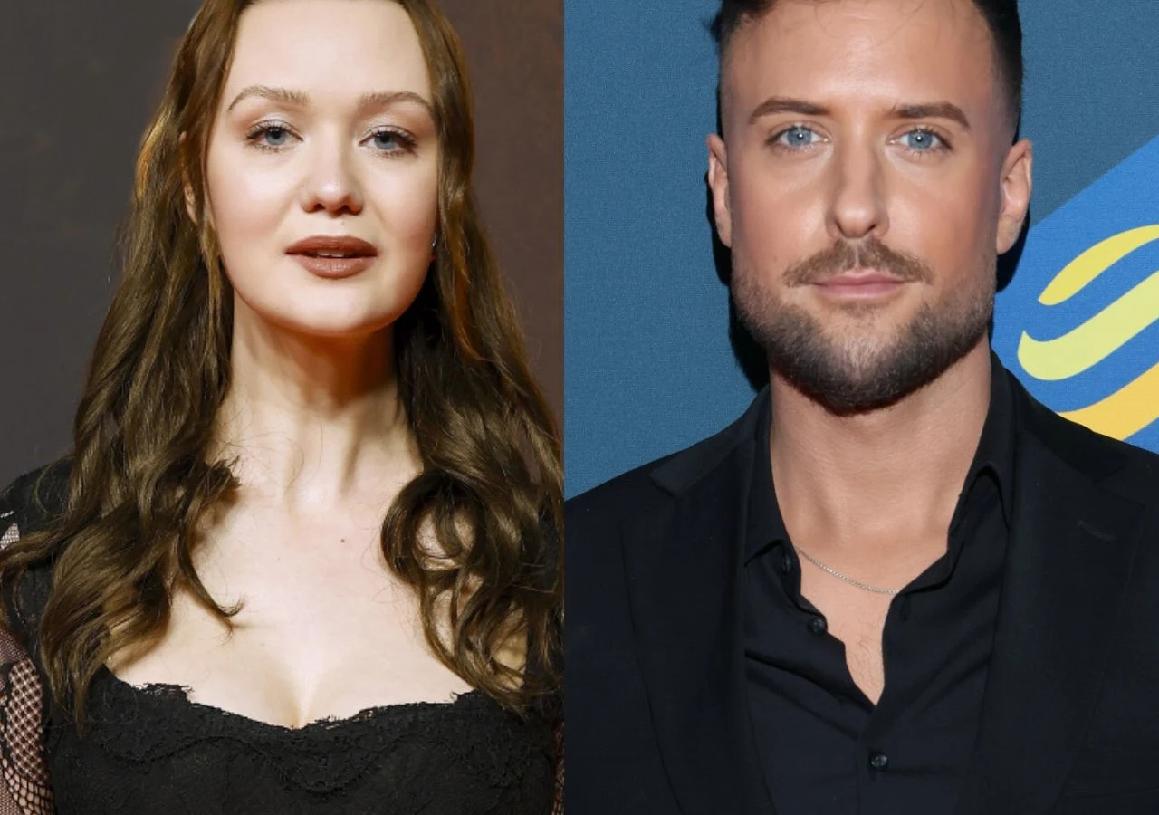 Weronika Walasiewicz, Aleksander Sikora Weronika Walasiewicz i Aleksander Sikora na tle kontrastujących ścian; kobieta w czarnej sukni, mężczyzna w ciemnym garniturze.