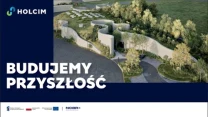 Nowoczesny budynek o organicznych, falujących kształtach otoczony zielenią i drzewami, z napisem HOLCIM w lewym górnym rogu oraz hasłem „BUDUJEMY PRZYSZŁOŚĆ” na granatowym tle w dolnej części grafiki.