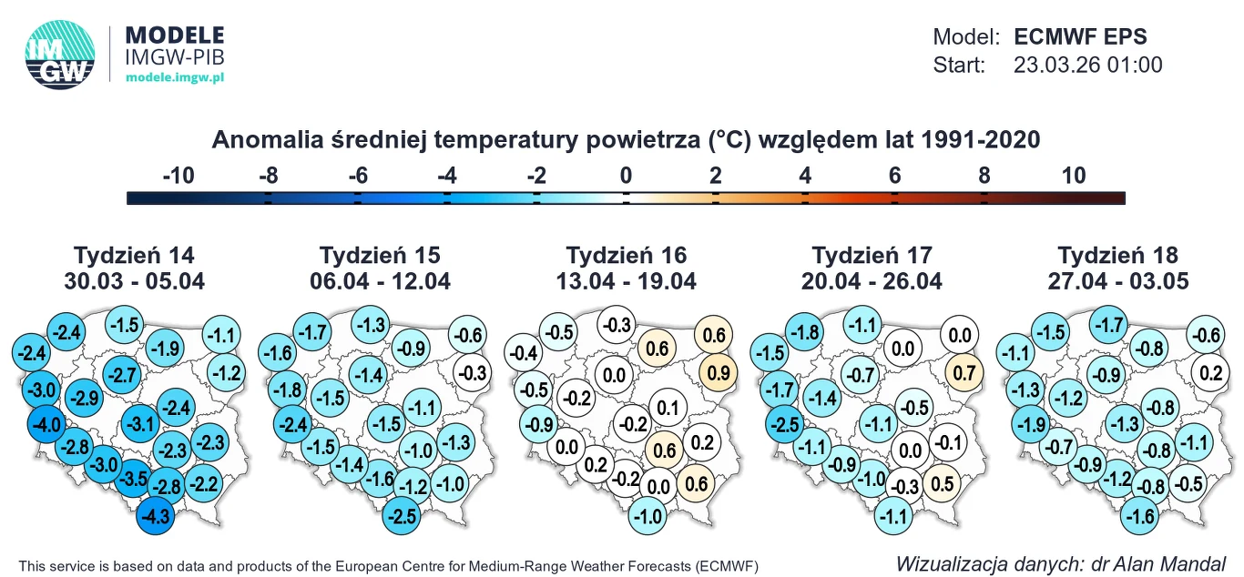 Mapa Polski podzielona na pięć kolejnych tygodni, prezentująca anomalię średniej temperatury powietrza względem lat 1991-2020 na podstawie danych IMGW-PIB; widoczne są wartości temperatury od -4,3°C do 2,1°C, przeważnie z ujemnymi anomaliami w pierwsze...
