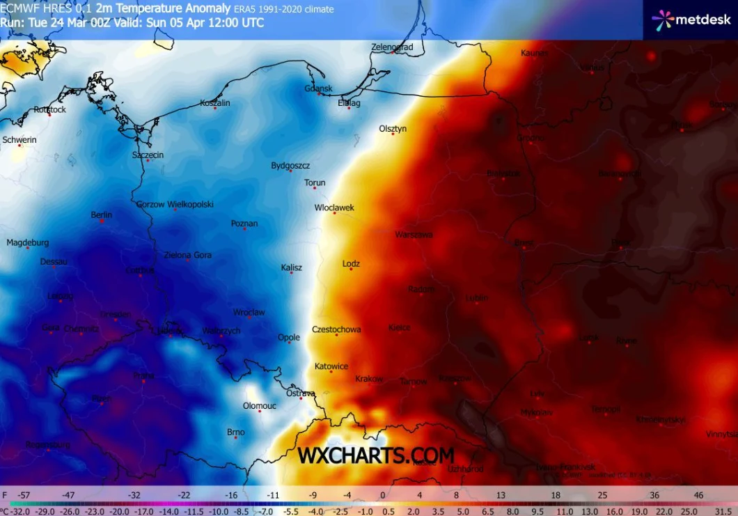 Mapa anomalii temperatury w Polsce pokazuje wyraźny kontrast między zimną zachodnią częścią kraju, oznaczoną niebieskimi odcieniami, a znacznie cieplejszą wschodnią częścią, przedstawioną w czerwieniach i pomarańczach; granica tych stref przebiega prze...