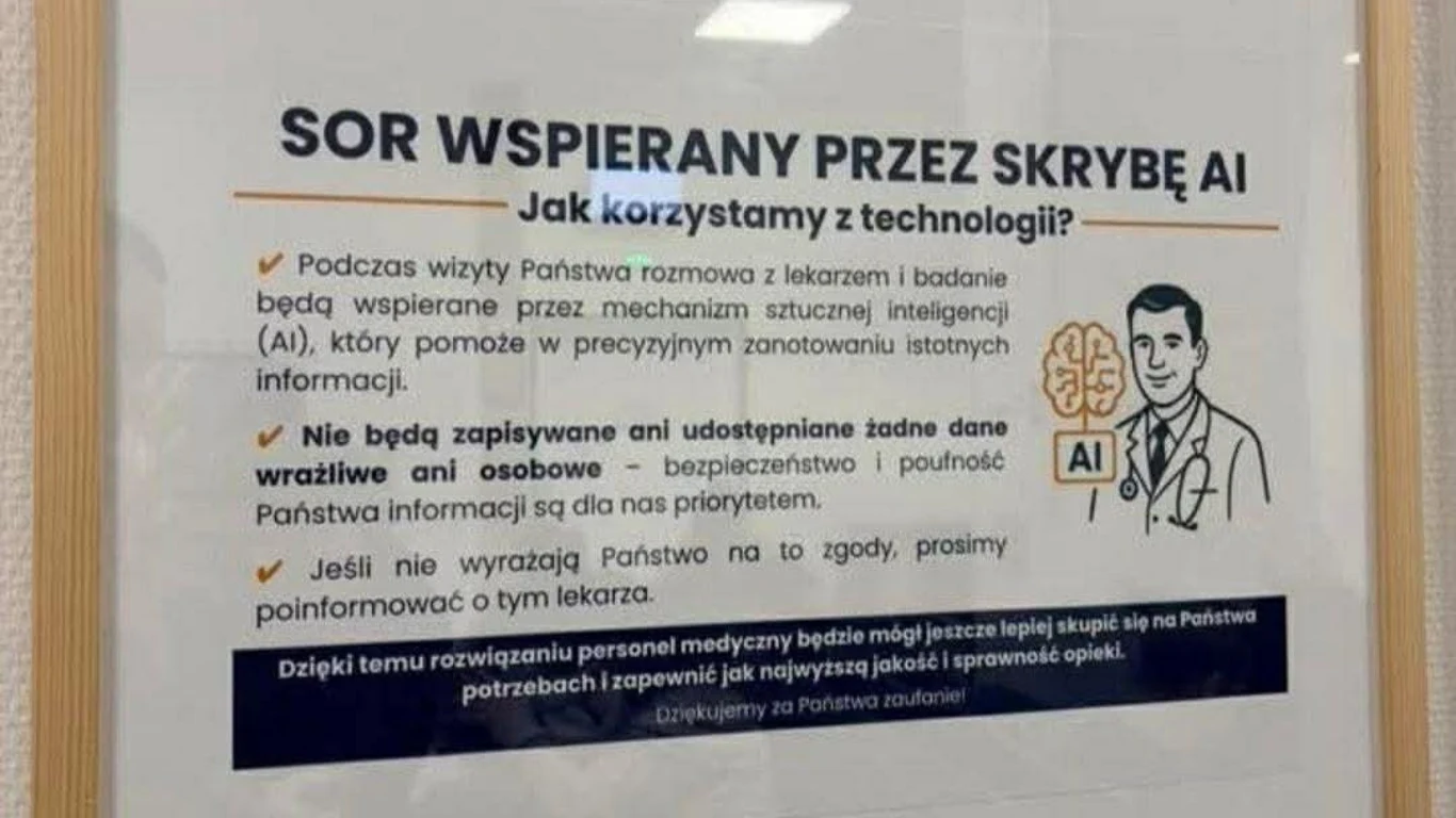 Tablica informacyjna zawieszona na ścianie opisująca wykorzystanie sztucznej inteligencji wspomagającej personel medyczny w szpitalnym oddziale ratunkowym, z ikoną lekarza obok układu nerwowego oraz licznymi punktami dotyczącymi ochrony danych osobowyc...