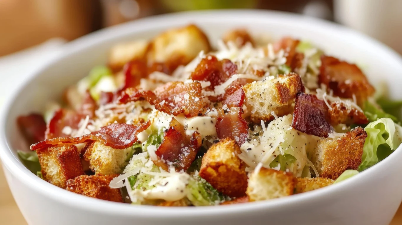 Sycąca sałatka inspirowana popularnym burgerem Sałatka z lodową sałatą, grzankami, boczkiem, tartym parmezanem i sosem caesar na talerzu.