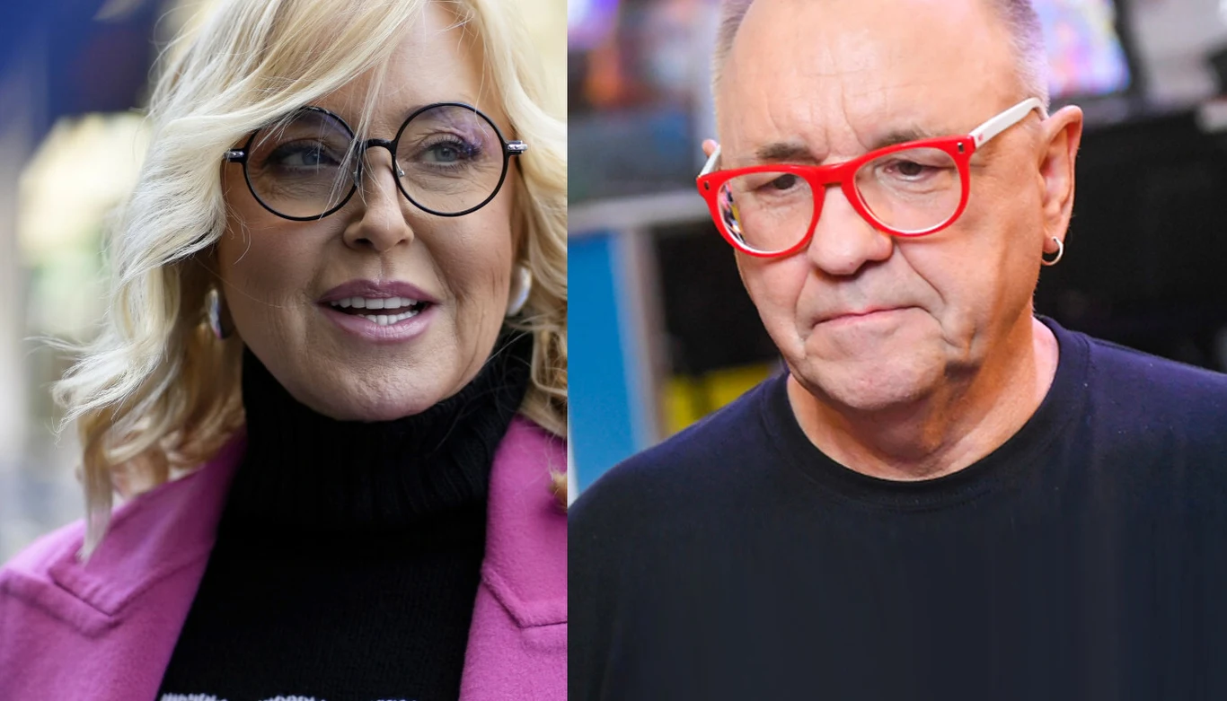 Dwie osoby noszące okulary, kobieta w jasnych włosach i różowym płaszczu po lewej stronie oraz mężczyzna z krótkimi włosami i w czerwonych okularach po prawej stronie, oboje patrzą w różnych kierunkach.