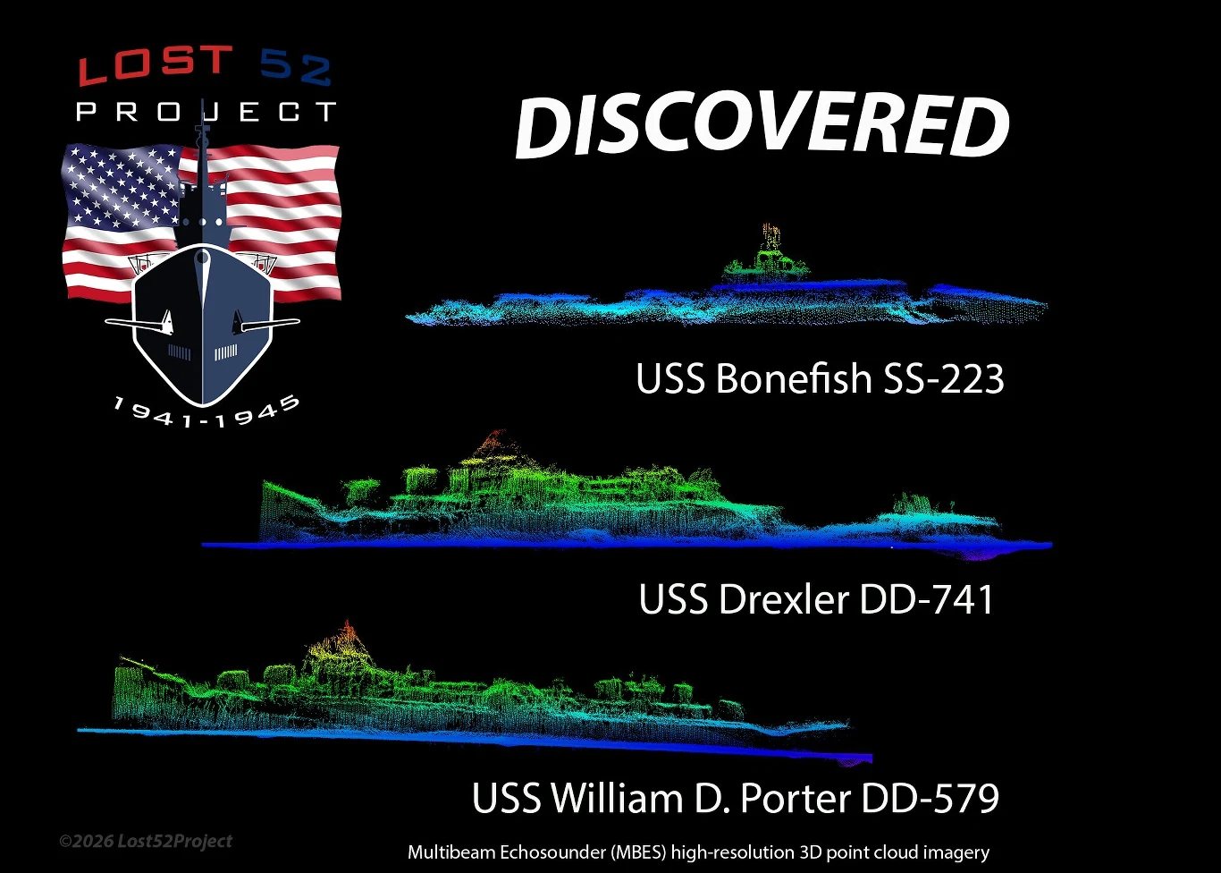 Trzy wizualizacje 3D wraków okrętów wojennych USS Bonefish SS-223, USS Drexler DD-741 oraz USS William D. Porter DD-579 wykonane metodą wielowiązkowego echosondowania, u góry logo projektu Lost 52 oraz amerykańska flaga w tle.