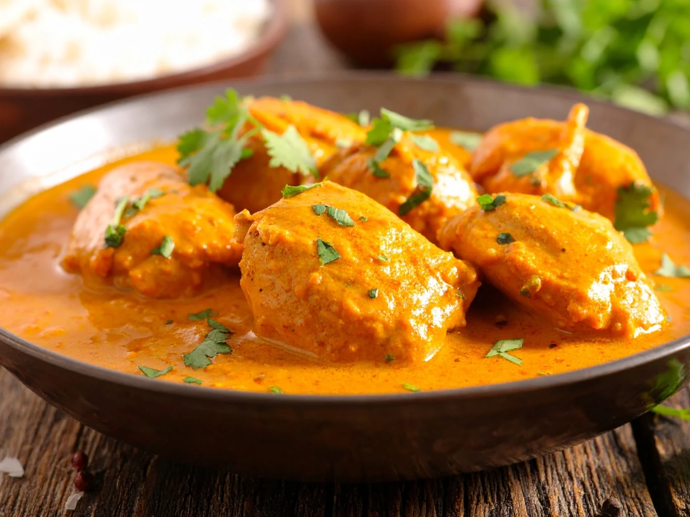 Garam masala to indyjska rozgrzewająca przyprawa, która przyspiesza trawienie. Kawałki kurczaka w kremowym, pomarańczowym sosie curry z kolendrą, podane w misce na drewnianym stole.