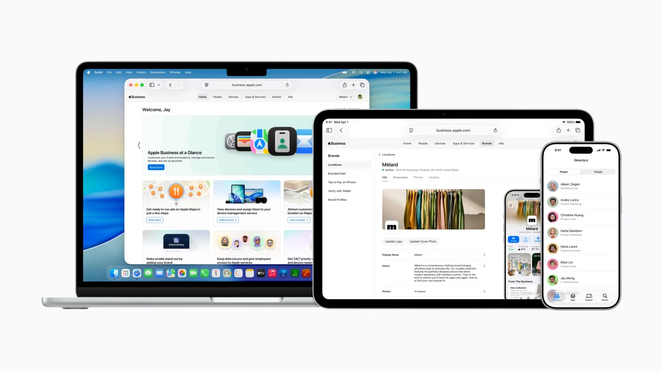 Laptop, tablet i smartfon Apple ustawione obok siebie prezentują zintegrowany ekosystem urządzeń, na których wyświetlane są aplikacje i dokumenty w spójnym, nowoczesnym interfejsie użytkownika.