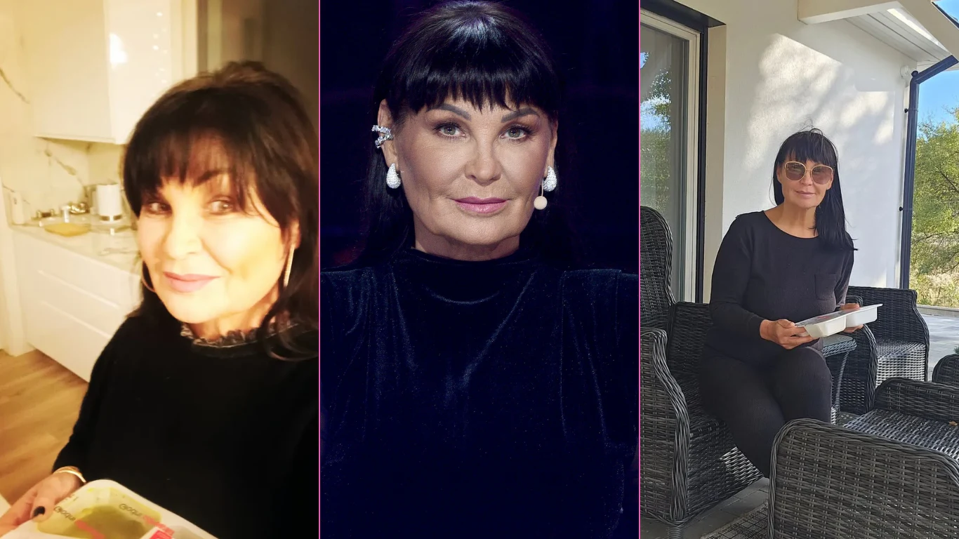 Kobieta o ciemnych włosach i grzywce, ubrana na czarno, widoczna w trzech różnych ujęciach: w kuchni z jedzeniem, w zbliżeniu na tle sceny oraz na tarasie siedząca na wiklinowych fotelach z talerzem na kolanach.