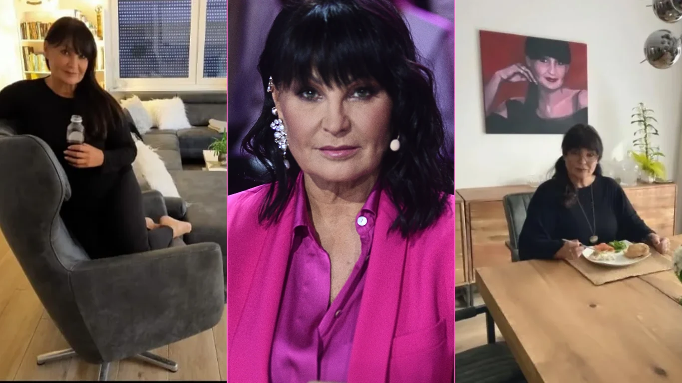 Kobieta z długimi, ciemnymi włosami i grzywką widoczna w trzech różnych sytuacjach: relaksuje się w fotelu z butelką, pozuje w jaskraworóżowej koszuli z intensywnym makijażem na scenie oraz je posiłek przy drewnianym stole, w tle nowoczesny obraz przyp...