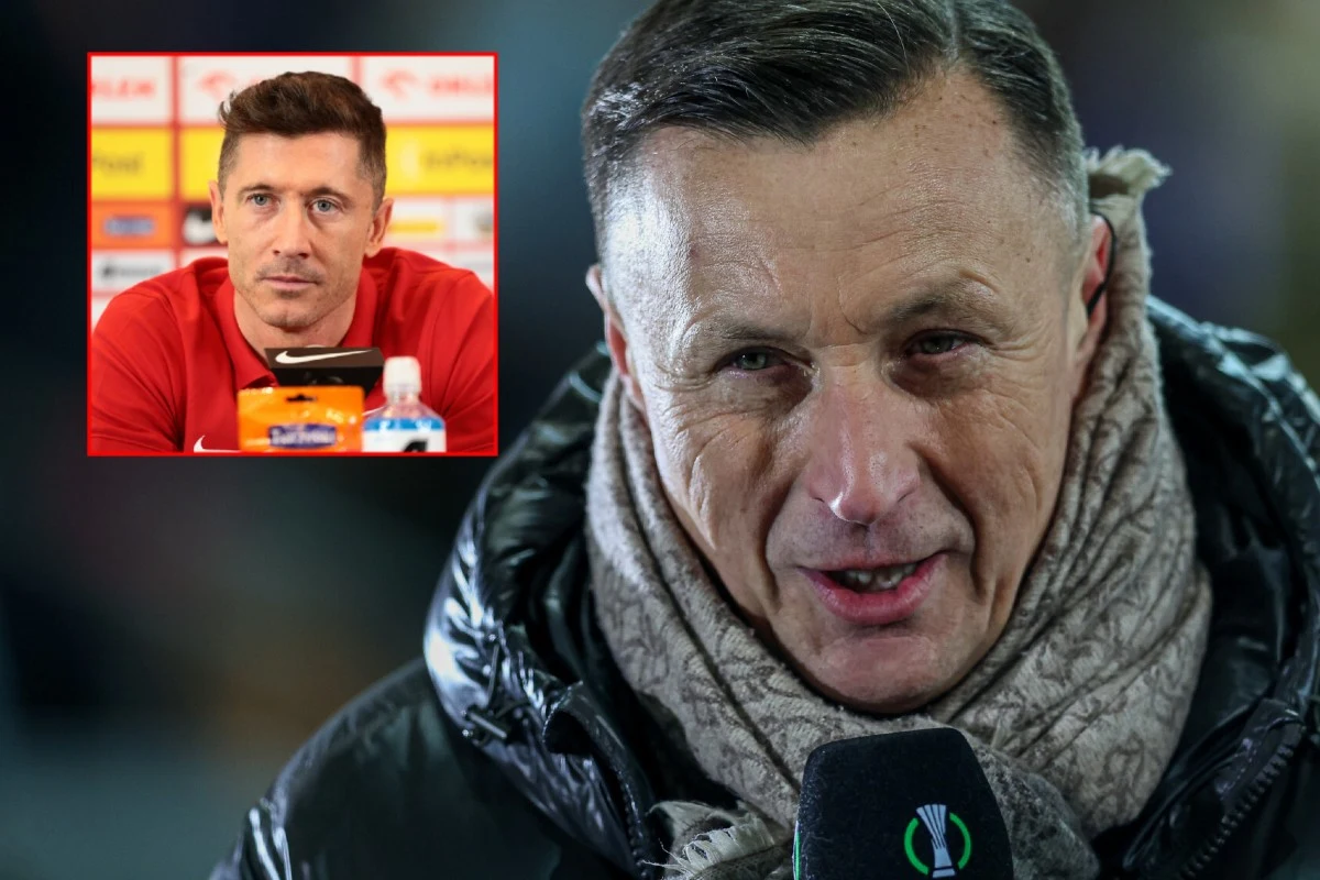 Tomasz Hajto z mikrofonem, w kurtce i jasnym szaliku; w rogu zdjęcie Roberta Lewandowskiego przy stole konferencyjnym