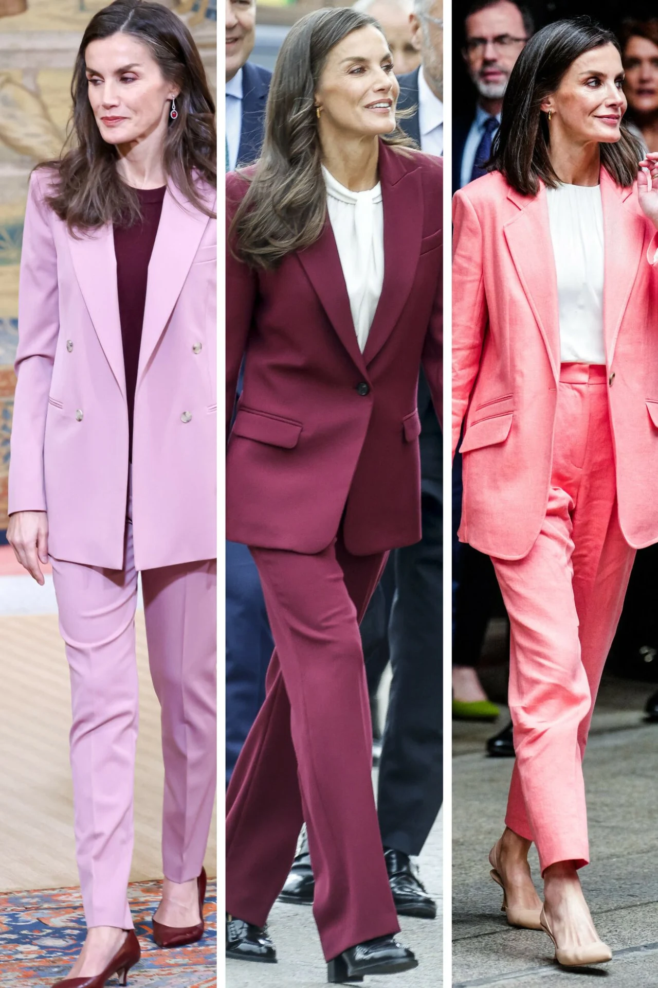 Trzy kobiety ubrane w eleganckie garnitury w odcieniach różu i bordo; po lewej jasnoróżowy komplet z bordową bluzką i szpilkami, pośrodku bordowy garnitur z białą bluzką i czarnymi butami, po prawej garnitur w intensywnym różu ze śnieżnobiałą bluzką i ...