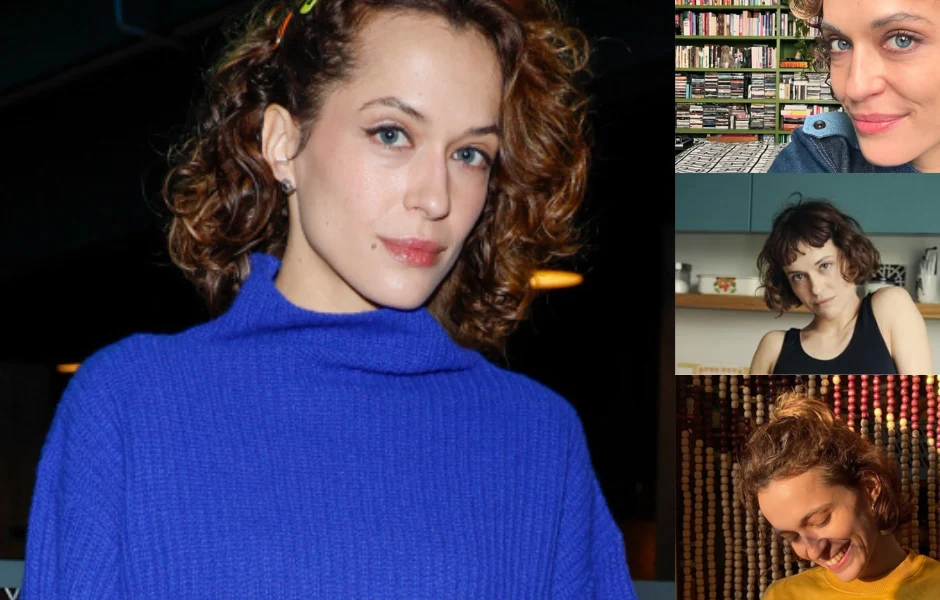 Kobieta z krótkimi kręconymi włosami w niebieskim swetrze zajmuje centralne miejsce obrazu, a po prawej stronie widoczne są cztery mniejsze kadry z jej portretami w różnych stylizacjach i sceneriach domowych.