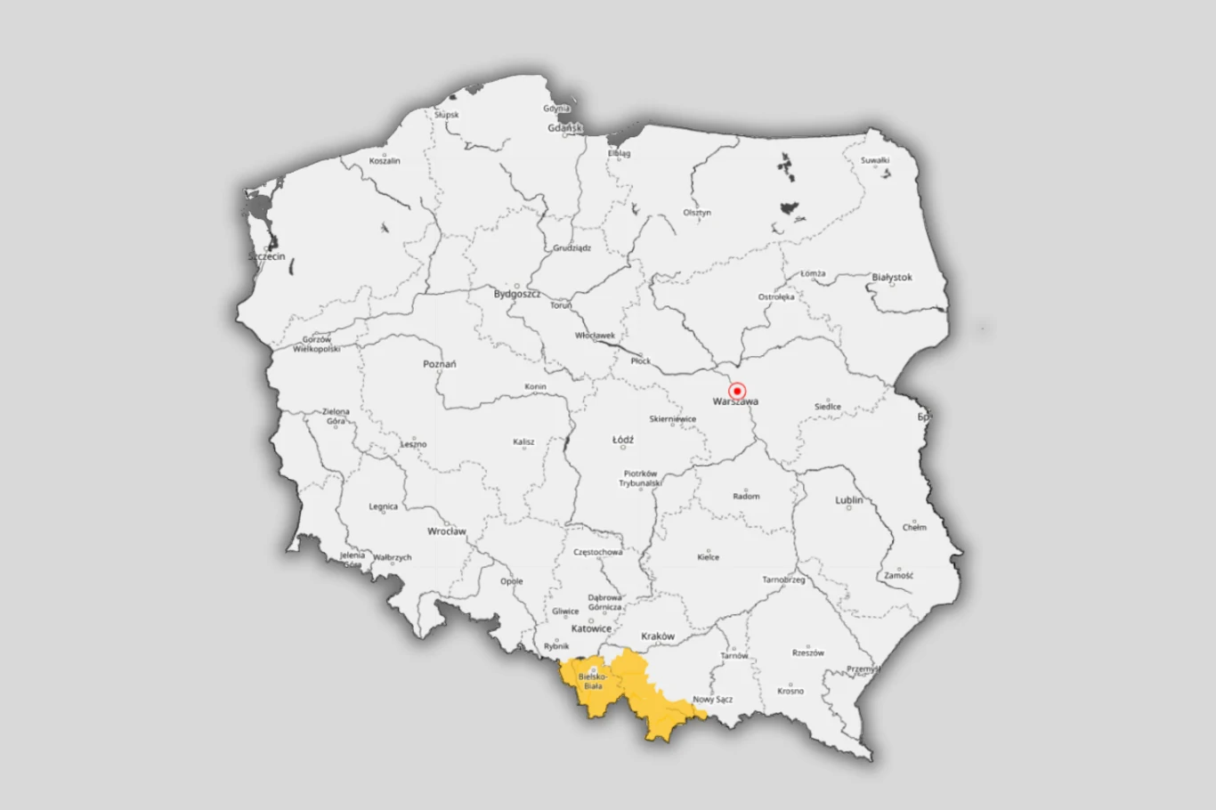 Najintensywniej śnieg będzie sypać w nocy i w czwartek na południu Śląska i Małopolski mapa Polski z wyróżnionym na żółto województwem śląskim w południowej części kraju, granice wszystkich województw oznaczone cienką linią, na mapie zaznaczono stolicę państwa Warszawę czerwoną kropką