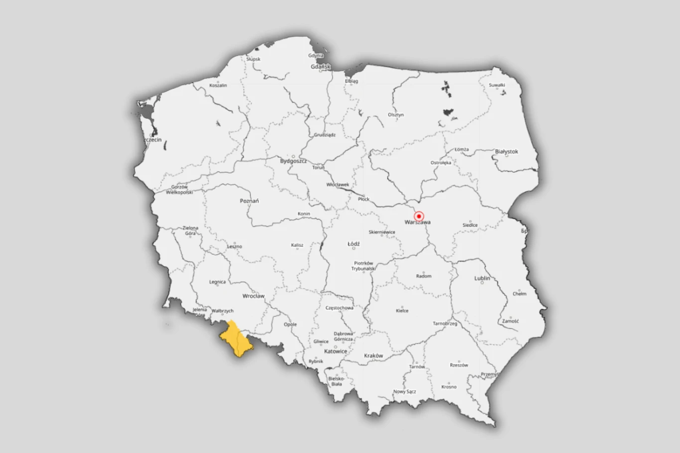 Śnieg popada w Sudetach. Tam miejscami spadnie do 10 cm świeżego puchu Mapa Polski z wyraźnie zaznaczonym na żółto województwem dolnośląskim, reszta województw oznaczona na biało, z czerwoną kropką wskazującą Warszawę.