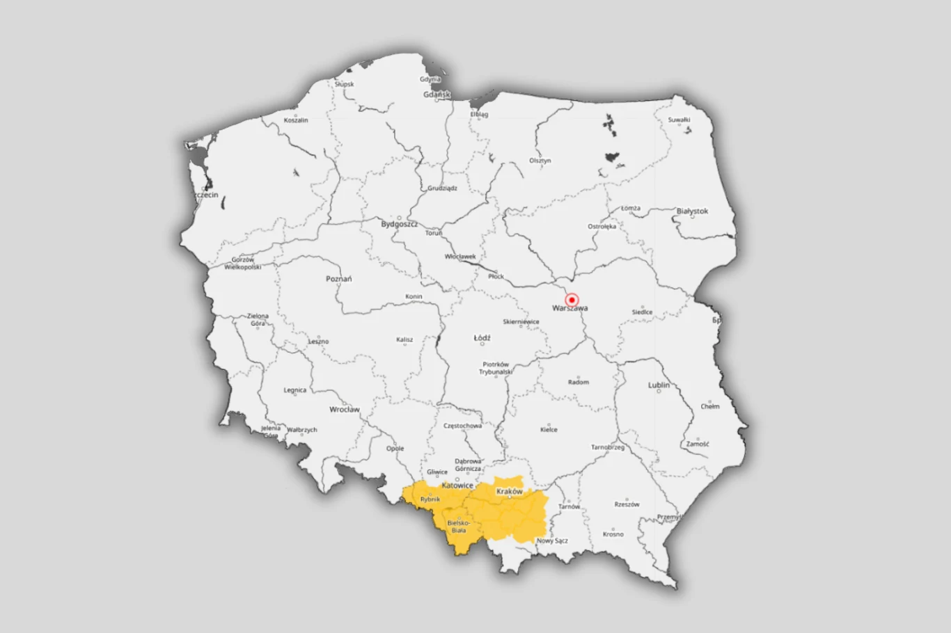 Na ulewne deszcze trzeba uważać na terenach podgórskich o w większej części południowego Śląska i Małopolski mapa Polski z zaznaczonym na żółto województwem śląskim oraz województwem opolskim, a także czerwonym okręgiem oznaczającym lokalizację Warszawy