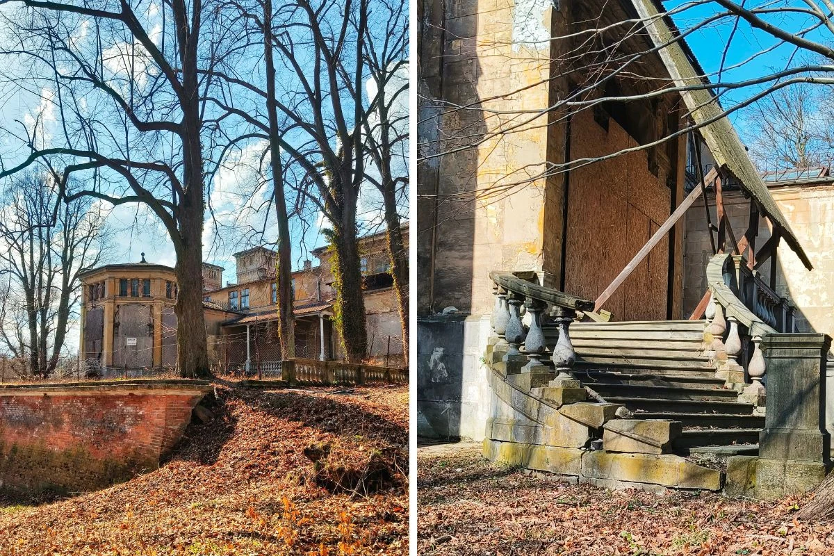 Stary, opuszczony pałac z widocznymi śladami zniszczenia, otoczony nagimi drzewami; detal w postaci zrujnowanych, częściowo zawalonych schodów z balustradą podpartą drewnianą belką.