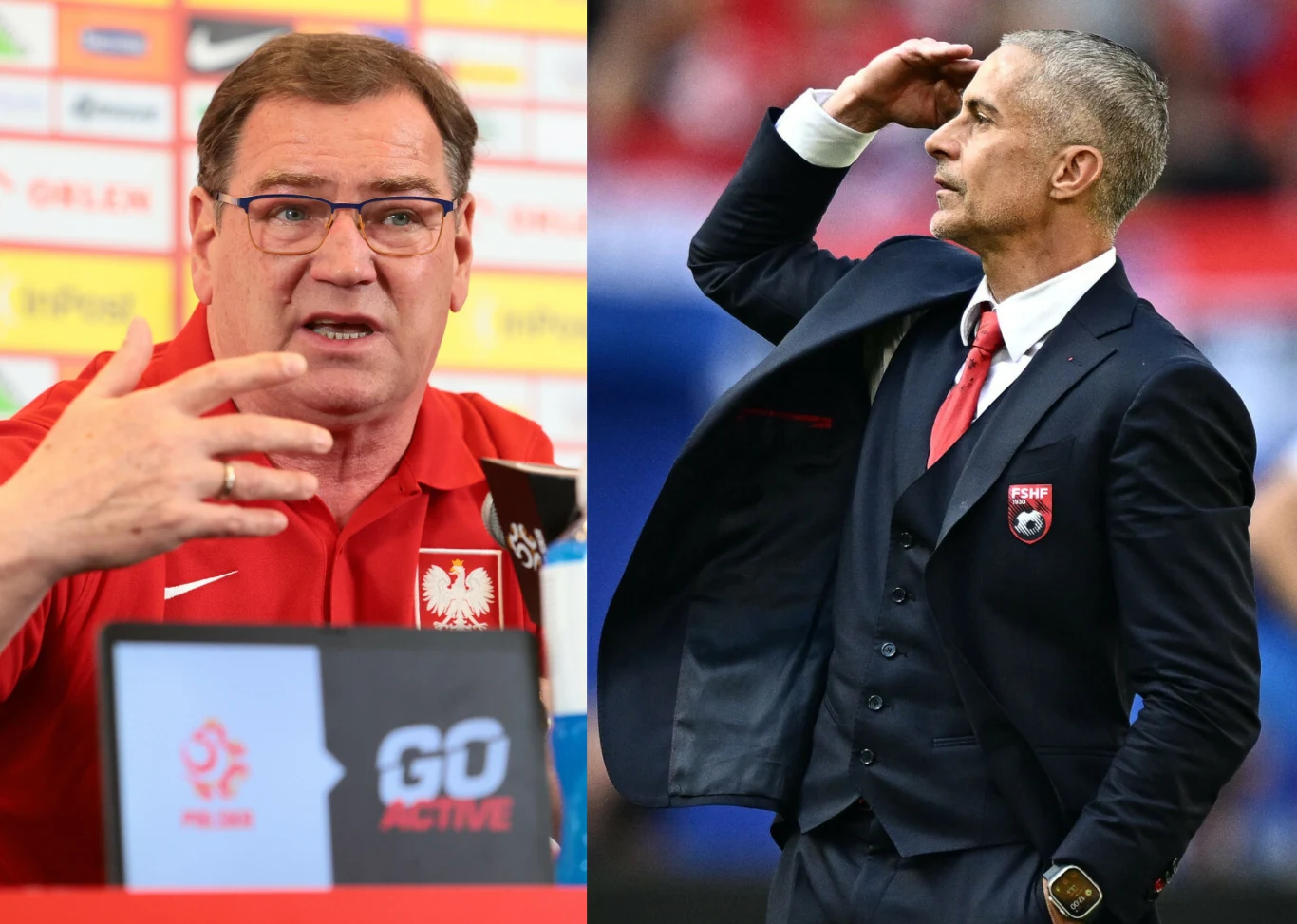 Trener w czerwonej koszulce reprezentacji Polski gestykuluje podczas konferencji prasowej, obok mężczyzna w garniturze i czerwonym krawacie wykonuje gest zasalutowania na tle stadionu.