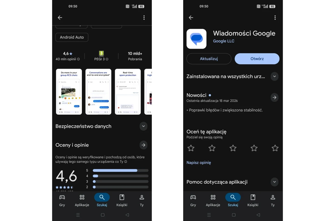 Interfejs sklepu Google Play z wyświetloną stroną aplikacji Wiadomości Google, oceną 4,6 gwiazdek, liczbą opinii użytkowników oraz przyciskami aktualizacji i otwierania aplikacji.