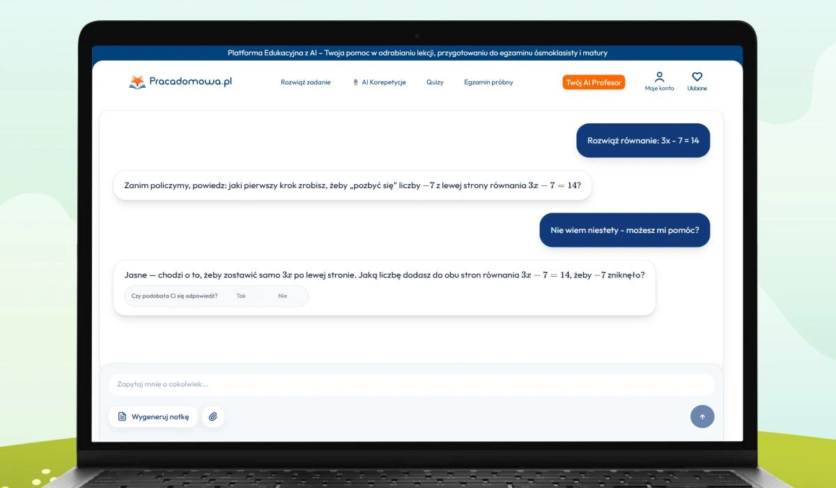Fot. Archiwum PracaDomowa.pl Ekran laptopa wyświetlający interaktywną platformę edukacyjną Pracetownia.pl, na której widoczny jest dialog dotyczący rozwiązywania równania matematycznego z instrukcjami krok po kroku oraz przykładową odpowiedzią ucznia.