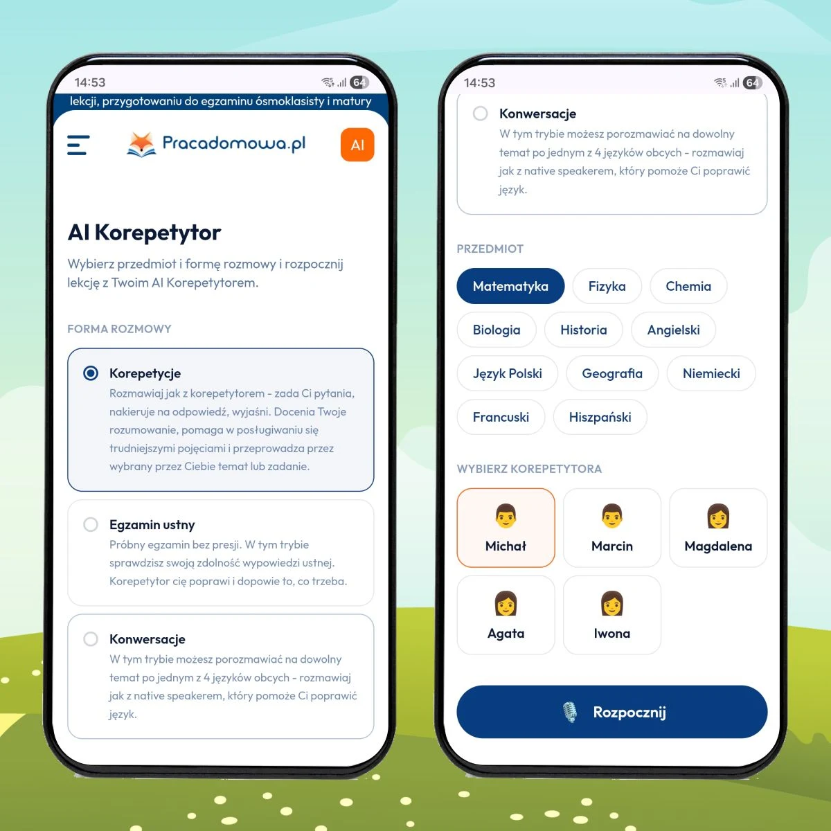 Fot. Archiwum PracaDomowa.pl Dwa smartfony prezentujące interfejs aplikacji edukacyjnej, umożliwiającej wybór przedmiotu oraz korepetytora do nauki, z widocznymi przyciskami wyboru przedmiotów ścisłych i humanistycznych, nazwiskami korepetytorów oraz dużym, niebieskim przyciskiem ...