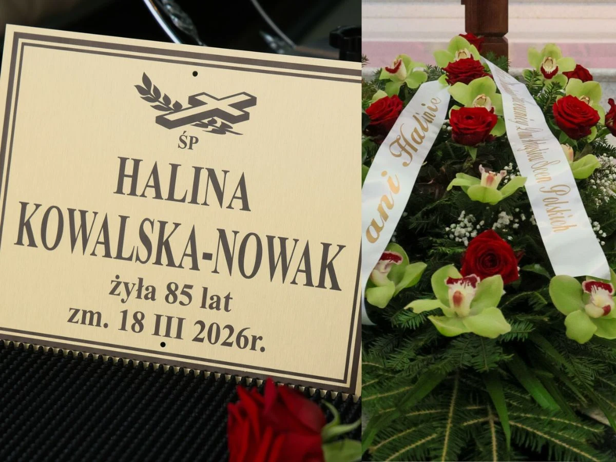 tabliczka nagrobna z imieniem Halina Kowalska-Nowak, informacją o wieku i dacie śmierci, obok kwiatowa wiązanka z czerwonych róż oraz zielonych storczyków ozdobiona wstążkami z dedykacjami