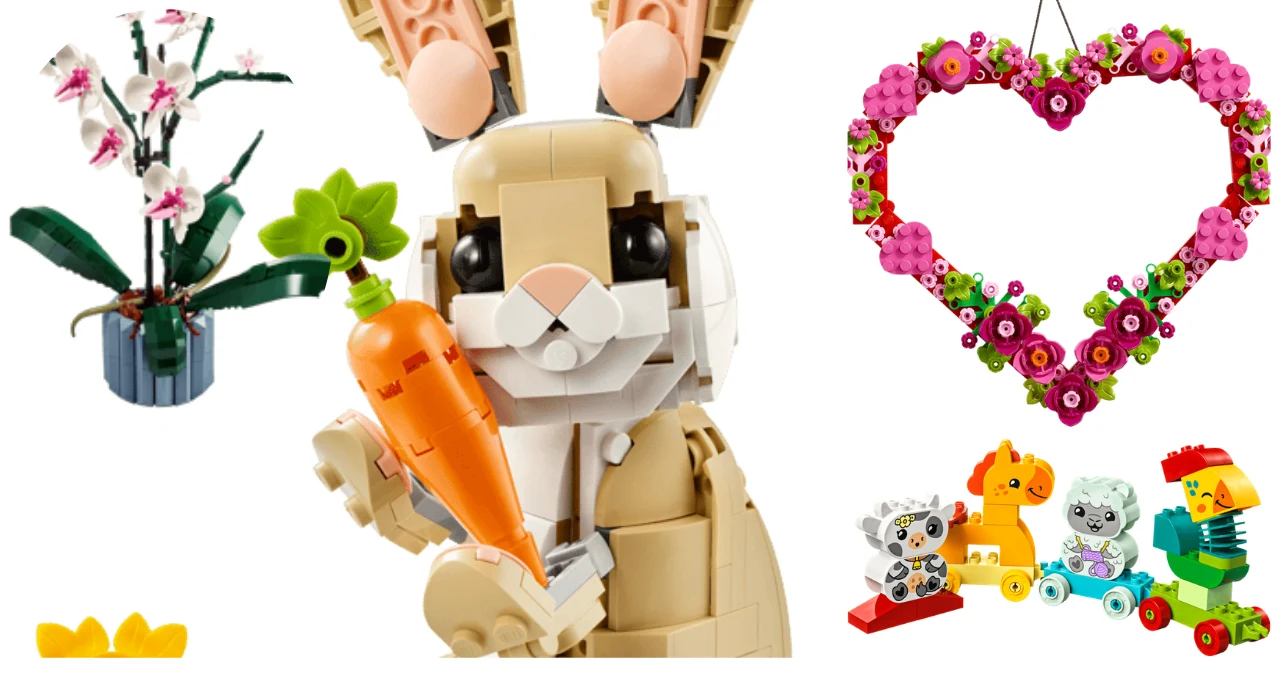 zbudowany z klocków LEGO królik trzymający marchewkę, obok kwiat orchidei w doniczce, serce z różowych kwiatków oraz kolorowe zwierzątka na kółkach