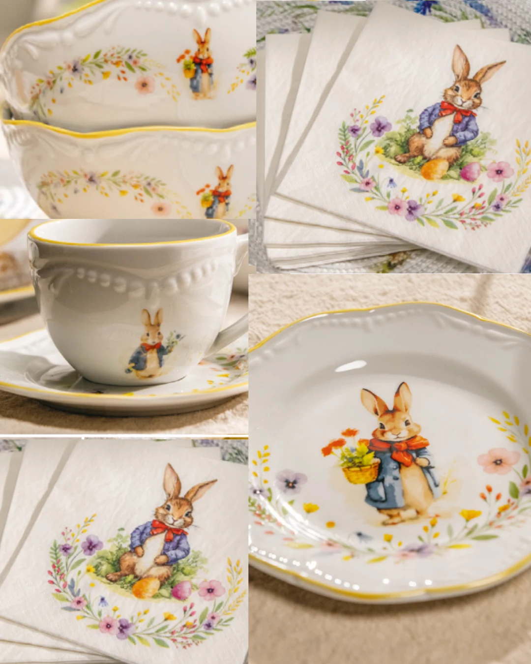ceramiczne naczynia oraz papierowe serwetki ozdobione ilustracją królika ubranego w niebieską kurtkę, otoczonego kolorowymi kwiatami