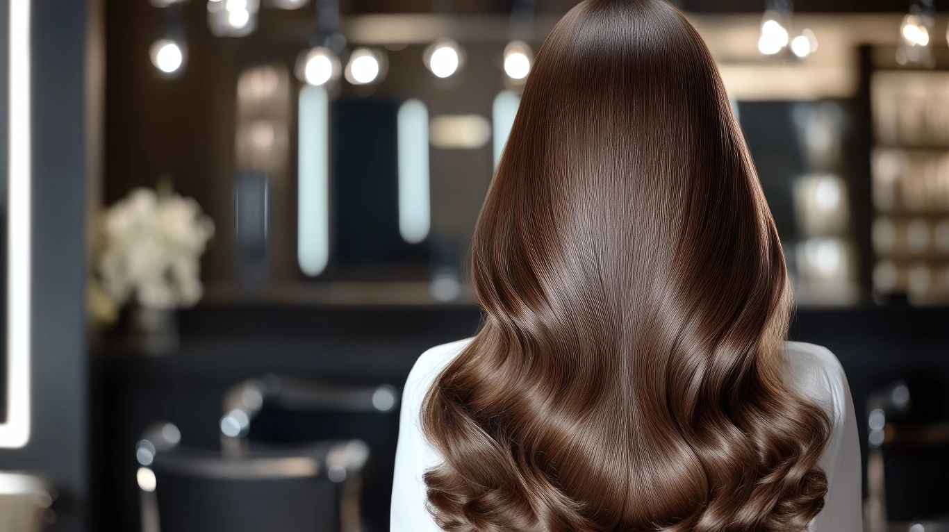 długie, lśniące włosy w odcieniu ciemnego brązu, gładko ułożone i delikatnie pofalowane na końcach, wnętrze eleganckiego salonu fryzjerskiego w tle