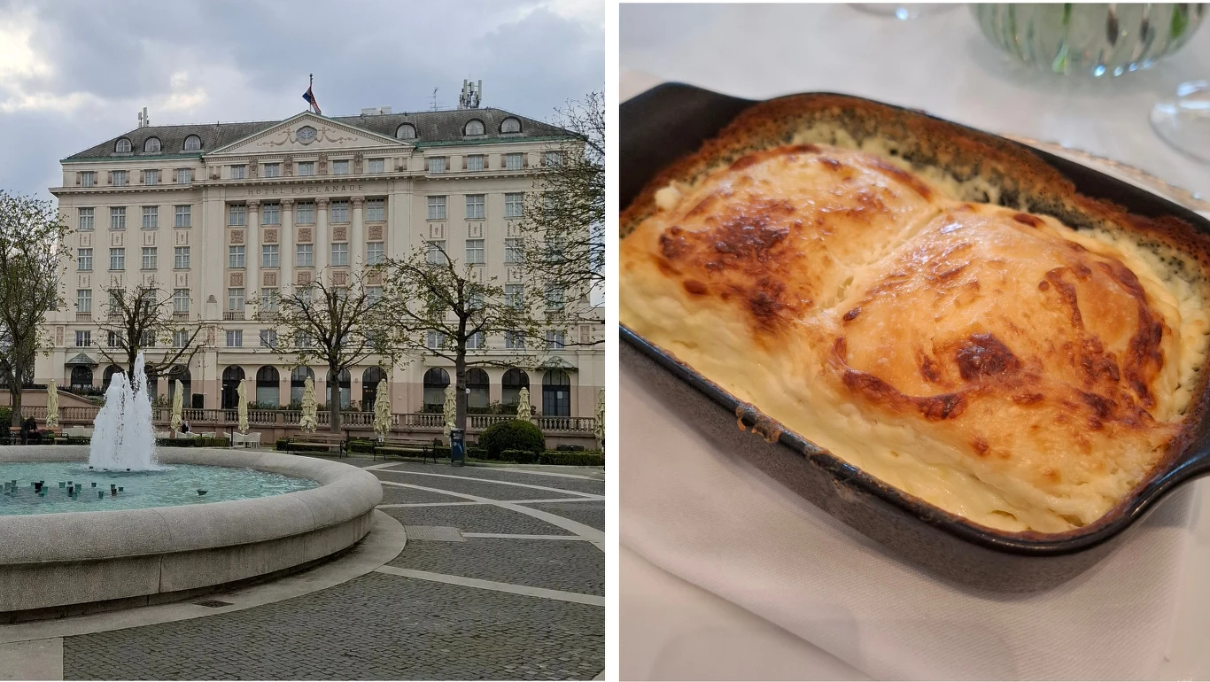 Monumentalny budynek z elegancką fasadą i flagą na dachu otoczony jest zadbanym placem z fontanną pośrodku oraz rzadko rozmieszczonymi drzewami; na drugim zdjęciu widoczna jest zapieczona potrawa z rumianą, serową skórką w ciemnej ceramicznej foremce n...